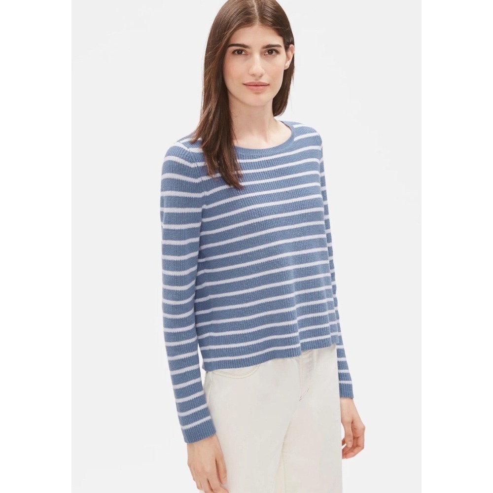 Eileen Fisher Blue White Striped Organic Cotton Hemp Ribbed Sweater Large L/G